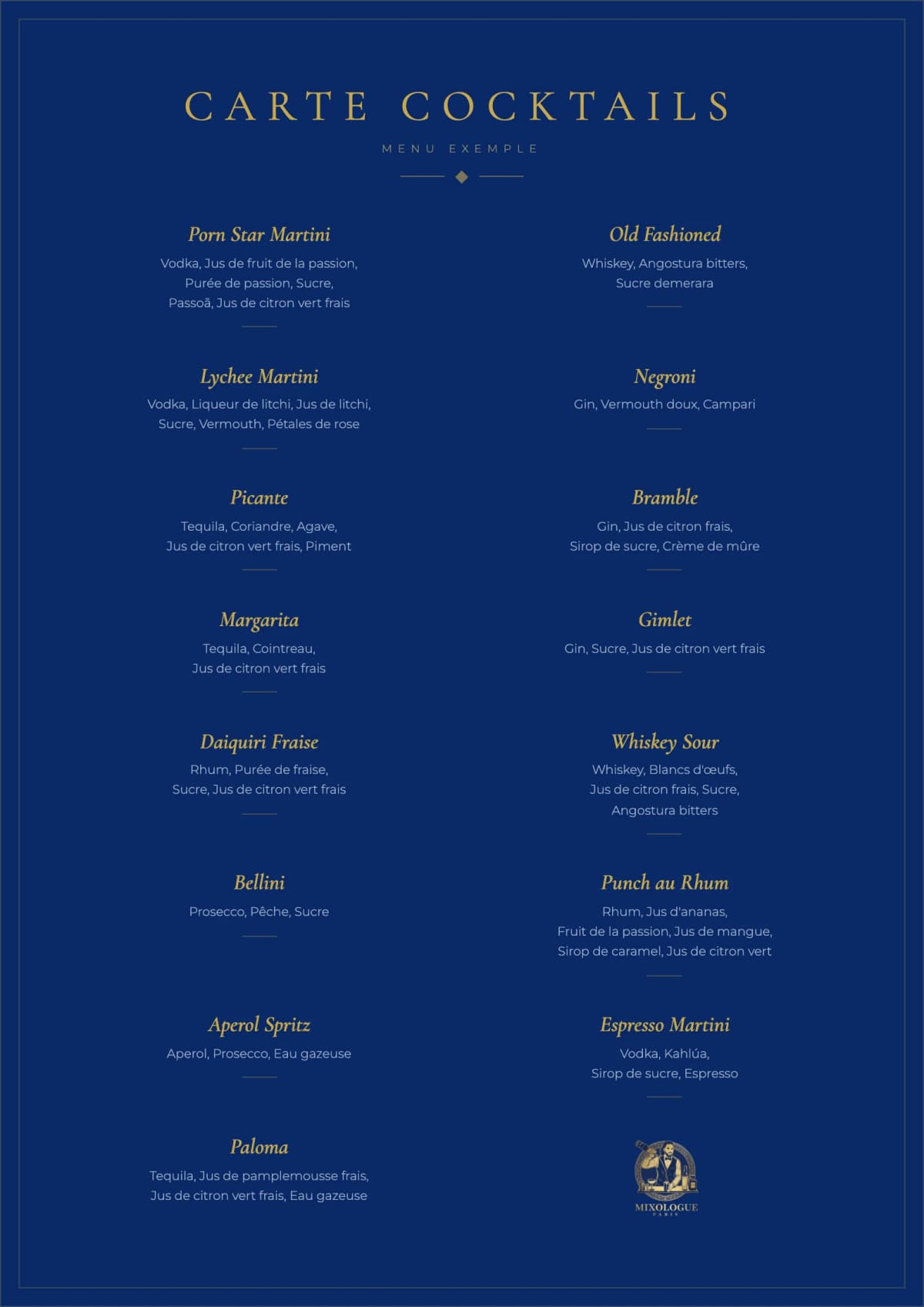 Carte cocktails exemple